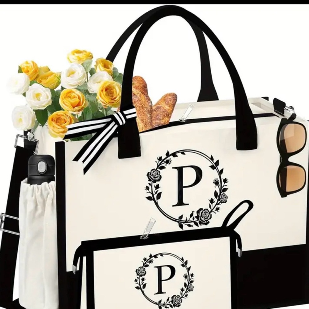 Elegant Black and White Floral Tote Bag
